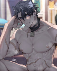 Rule 34 | 1boy, abs, animal ears, artist name, asa ifrit (asaifrit), bara, black hair, closed mouth, completely nude, genshin impact, grey hair, highres, large pectorals, looking at viewer, male focus, multicolored hair, muscular, muscular male, navel, nipples, nude, outdoors, pectorals, scar, scar on arm, scar on chest, scar on stomach, short hair, solo, streaked hair, twitter username, wet, wet hair, wriothesley (genshin impact)