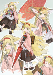 Rule 34 | 1girl, absurdres, animal ear fluff, animal ears, apron, arknights, ball, black footwear, black hakama, blonde hair, blush, closed eyes, closed mouth, closed umbrella, cup, flower, fox ears, fox girl, fox tail, frilled apron, frills, grey background, hairband, hakama, hakama skirt, highres, holding, holding ball, holding cup, holding umbrella, japanese clothes, kitsune, long hair, long sleeves, looking at viewer, multiple views, oil-paper umbrella, outline, red hairband, red umbrella, sandals, shio (shiofeifei), shoe soles, simple background, skirt, socks, suzuran (arknights), suzuran (yukibare) (arknights), tail, umbrella, very long hair, wet, white apron, white flower, white outline, white socks, wide sleeves, yellow flower, yunomi, zouri