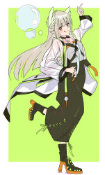 Rule 34 | 1girl, :q, absurdres, arknights, black footwear, black skirt, blonde hair, blunt bangs, boots, border, breasts, choker, coat, commentary, cross-laced clothes, feather hair, full body, green background, high heel boots, high heels, highres, lab coat, leg up, long hair, long skirt, long sleeves, looking at viewer, medium breasts, mizutaki, muelsyse (arknights), pointy ears, see-through, see-through coat, shirt, sidelocks, simple background, skirt, smile, solo, striped clothes, striped shirt, tongue, tongue out, white coat, white shirt, yellow eyes
