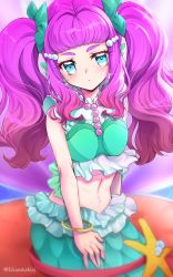 Rule 34 | 1girl, alternate hairstyle, blue eyes, blush, breasts, commentary request, fins, head fins, highres, laura (precure), long hair, looking at viewer, medium breasts, mermaid, midriff, monster girl, navel, pink hair, precure, sitting, solo, tropical-rouge! precure, twintails, twitter username, uta (yagashiro25)