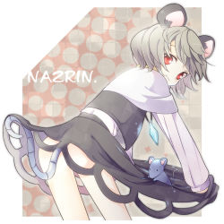 Rule 34 | 1girl, animal ears, ass, bad id, bad pixiv id, clothes lift, clothes pull, female focus, grey hair, jewelry, jikunyaga, looking back, mouse (animal), mouse ears, mouse tail, nazrin, no panties, pendant, red eyes, short hair, skirt, skirt lift, skirt pull, skirt tug, solo, tail, touhou, white background
