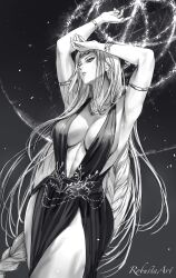 Rule 34 | 1girl, armlet, armpits, arms up, artist name, belt, bracelet, braid, breasts, cleavage, crown, dress, elden ring, greyscale, hair over shoulder, highres, jewelry, large breasts, long hair, monochrome, necklace, outstretched arms, plunging neckline, queen, queen marika the eternal, robusta mania, side slit, side split, solo, very long hair, yellow eyes