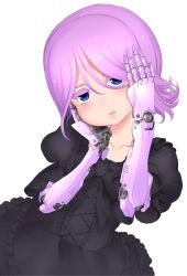 Rule 34 | 1girl, absurdres, blue eyes, colored eyelashes, cyborg, gothic lolita, hands on own face, highres, jitome, lolita fashion, original, pink hair, prosthesis, prosthetic arm, purple hair, short hair, solo, user rgcc3848