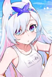 Rule 34 | 1girl, apocalypse witch, bare shoulders, blue eyes, blush, bow hairband, breasts, closed mouth, grey hair, hairband, horns, long hair, looking at viewer, mika pikazo, multicolored eyes, name tag, one-piece swimsuit, purple eyes, school swimsuit, small breasts, solo, swimsuit, white one-piece swimsuit