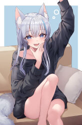 Rule 34 | 1girl, :d, absurdres, animal ear fluff, animal ears, bare legs, black hoodie, blue eyes, blue hair, commission, couch, fox ears, fox girl, fox tail, grey hair, highres, hood, hood down, hoodie, long hair, long sleeves, looking at viewer, multicolored hair, no pants, on couch, open mouth, original, pillow, sitting, skeb commission, smile, streaked hair, stretching, tail, tears, two-tone hair, warayanuko, yawning