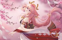 Rule 34 | 1girl, :d, absurdres, animal ears, bare shoulders, cherry blossoms, commentary, detached sleeves, fox ears, genshin impact, highres, long hair, long sleeves, looking at viewer, low-tied long hair, morra (mitachan24), nontraditional miko, open mouth, pink hair, purple eyes, red skirt, shirt, skirt, sleeveless, sleeveless shirt, smile, solo, upper body, very long hair, white shirt, yae miko