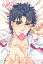 Rule 34 | 1boy, bad id, bad pixiv id, black hair, blouse, blue eyes, condom, condom in mouth, dated, jojo no kimyou na bouken, jonathan joestar, male focus, mouth hold, necktie, open clothes, open shirt, pectorals, rwk, shirt, solo, undone necktie, yaoi