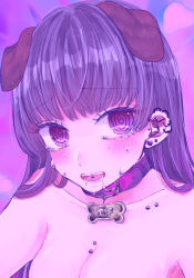 Rule 34 | 1girl, @ @, animal collar, animal ears, breasts, cleavage, collar, collarbone piercing, commentary request, dog ears, drooling, ear piercing, earrings, highres, jewelry, large breasts, long hair, original, piercing, purple eyes, purple hair, saliva, solo, sweat, tearing up, tongue piercing, uououoon, upper body