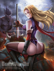 Rule 34 | 1girl, arm guards, armor, artist name, ass, bare shoulders, black footwear, blonde hair, blood, blood splatter, boots, breasts, broken horn, brown thighhighs, collarbone, dantewontdie, death, glint, gloves, high heels, holding, holding sword, holding weapon, horns, injury, knee boots, large breasts, leotard, lightning, lightning bolt symbol, lips, long hair, looking at viewer, looking back, monster, muscular, on shoulder, open mouth, orange eyes, orc, outdoors, pointy ears, red eyes, red gloves, red scarf, robe, scarf, sharp teeth, sitting on shoulder, solo focus, stab, straddling, sword, teeth, thighhighs, thong leotard, tsurime, very long hair, watermark, weapon, web address
