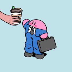Rule 34 | 1boy, baggy pants, black eyes, blazer, blue jacket, blue pants, blush stickers, briefcase, business suit, coffee cup, collared shirt, colored skin, commentary, cup, disposable cup, drink, english commentary, fingernails, flat color, formal, grey footwear, grey neckwear, highres, holding, holding drink, holding up, jacket, james turner, kirby, kirby (series), looking at another, male focus, motion lines, nail polish, necktie, nintendo, out of frame, pants, pink nails, pink skin, shirt, shoes, simple background, smile, solo focus, standing, suit, white background, white shirt, | |