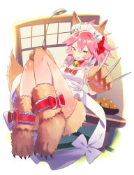 Rule 34 | 1girl, animal ear fluff, animal ears, animal hands, apron, bad id, bad pixiv id, bell, between fingers, bow, breasts, cat hair ornament, cat paws, collar, fangs, fate/extra, fate/grand order, fate (series), fox ears, fox girl, fox tail, gloves, hair between eyes, hair bow, hair ornament, highres, holding, holding knife, jingle bell, knees up, knife, knives between fingers, ladle, large breasts, legs, long hair, looking at viewer, naked apron, neck bell, open mouth, paw gloves, paw shoes, pink hair, ponytail, red bow, shoes, sidelocks, smile, tail, tamamo (fate), tamamo cat (fate), tamamo cat (third ascension) (fate), yellow eyes, zenshin