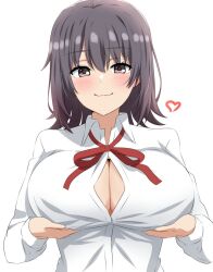 Rule 34 | 1girl, black hair, breast lift, breasts, cleavage, closed mouth, collared shirt, dars (recolors), large breasts, light blush, looking at viewer, red ribbon, ribbon, shirt, simple background, smile, solo, upper body, white background, white shirt, yahari ore no seishun lovecome wa machigatteiru., yukinoshita haruno