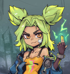 Rule 34 | 1girl, bandaid, bandaid on face, bare shoulders, blonde hair, breasts, cleavage, closed mouth, collarbone, commentary, electricity, fingerless gloves, gloves, green background, green hair, jacket, league of legends, open clothes, open jacket, parted bangs, phantom ix row, small breasts, smile, solo, symbol-only commentary, twintails, zeri (league of legends)