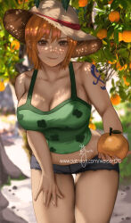 Rule 34 | 1girl, breasts, cleavage, denim, denim shorts, food, fruit, hat, highres, large breasts, nami (one piece), one piece, orange (fruit), orange hair, short hair, shorts, solo, standing, tank top, tattoo, tree, wei (promise 0820)