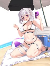 Rule 34 | 1girl, ball, bare arms, bare shoulders, beach, beach mat, beach umbrella, beachball, belt, bikini, blush, breasts, cellphone, choker, cleavage, closers, cooler, hair ornament, hairclip, halterneck, hands up, highres, holding, holding phone, large breasts, levia (closers), long hair, looking at viewer, navel, non-web source, official art, open mouth, phone, pointy ears, purple eyes, seiza, sitting, slippers, smartphone, smile, solo, stomach, string bikini, sweatdrop, swimsuit, thigh strap, thighs, umbrella, white bikini, white choker, white hair