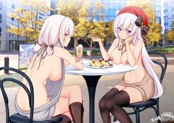 Rule 34 | 2girls, arm rest, ass, autumn, azur lane, bandaid, bandaids on nipples, bare shoulders, belfast (azur lane), belfast (shopping with the head maid) (azur lane), beret, black legwear, blush, boots, breasts, brown footwear, brown sweater, bubble tea, building, butt crack, cameo, chair, collarbone, covered erect nipples, crossed legs, day, drinking straw, earrings, exhibitionism, food, fruit, grey sweater, hair between eyes, hand on own cheek, hand on own face, hat, hoop earrings, jewelry, knee boots, large breasts, long hair, looking at viewer, meme attire, multiple girls, nipples, nude, outdoors, pasties, photo background, ppshex, public indecency, red headwear, short hair, sidelocks, sirius (azur lane), sitting, smile, strawberry, sweater, table, thighhighs, virgin killer sweater, whipped cream, white hair