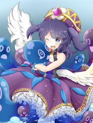 Rule 34 | 1girl, angel wings, bare shoulders, blue eyes, breasts, cleavage, dress, gloves, hat, lumiel (p&amp;d), nimu (aruka7x21), purple hair, puzzle &amp; dragons, symbol-shaped pupils, two side up, wings