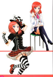 Rule 34 | 10s, 1girl, absurdres, black thighhighs, chair, checkered clothes, checkered headwear, crossed legs, doctor, elbow gloves, fingerless gloves, frilled skirt, frills, gloves, hat, high heels, highres, lab coat, lolita fashion, love live!, love live! school idol festival, love live! school idol project, medic, multiple views, necktie, nishikino maki, non-web source, pleated skirt, puffy sleeves, purple eyes, red footwear, red hair, scan, shoes, simple background, sitting, skirt, smile, stethoscope, striped clothes, striped gloves, striped thighhighs, thighhighs, white background, zettai ryouiki