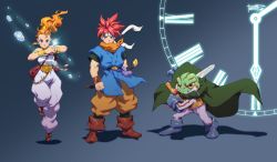Rule 34 | 1990s (style), 1girl, 2boys, blue eyes, cape, chrono (series), chrono trigger, crono (chrono trigger), earrings, frog, frog (chrono trigger), full body, headband, highres, jewelry, long hair, marle (chrono trigger), multiple boys, orange hair, ponytail, red hair, robaato, sheath, sheathed, spiked hair, standing, standing on one leg, sword, tiptoes, weapon, yellow eyes