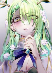 Rule 34 | 1girl, absurdres, antlers, blush, braid, braided bangs, branch, breasts, ceres fauna, cleavage, disgust, earrings, flower, green hair, green nails, hair behind ear, hair flower, hair ornament, highres, hololive, hololive english, horns, jewelry, large breasts, looking at viewer, mile (off8mile), mole, mole under eye, nail polish, parted lips, single braid, single earring, solo, virtual youtuber, white flower, yellow eyes