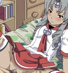 Rule 34 | 1boy, 1girl, arm support, bed, blush, clothed sex, dark skin, drill hair, grey hair, hetero, long hair, lowres, oekaki, os-tan, penis, pubic hair, pussy, reclining, red eyes, school uniform, sex, solo focus, spread legs, striped clothes, striped thighhighs, sweat, thighhighs, tomu (tomubobu), uncensored, vista-tan, vistake