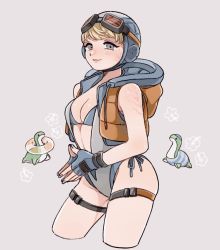 Rule 34 | 1girl, adapted costume, animification, apex legends, bikini, blonde hair, blue bikini, blue eyes, blue gloves, blue headwear, blue nails, breasts, cleavage, facial scar, gloves, goggles, goggles on headwear, grey background, highres, hood, hooded jacket, jacket, lichtenberg figure, looking at viewer, medium breasts, nail polish, nessie (respawn), orange jacket, scar, scar on cheek, scar on face, shimijimi, sleeveless, sleeveless jacket, smile, solo, stuffed toy, swimsuit, thigh strap, wattson (apex legends)