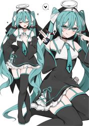 1girl alternate_costume aqua_ascot aqua_eyes aqua_hair aqua_nails aqua_necktie ascot black_choker black_sleeves choker cigarette cigarette_pack closed_eyes detached_sleeves habit hand_on_own_chest hand_on_own_hip hatsune_miku highres holding holding_cigarette kamippoina_(vocaloid) kneeling necktie nun open_mouth twintails vocaloid waimoniku