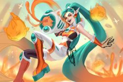 Rule 34 | 1girl, :d, bare shoulders, boots, breasts, detached sleeves, fangs, green hair, high heels, holding, holding weapon, jinx (league of legends), league of legends, long hair, looking at viewer, medium breasts, multicolored background, multicolored pants, multicolored shirt, open mouth, orange eyes, orange hair, outstretched arm, paint, pants, smile, sparkle, teeth, unfinished, upper teeth only, vatheja, very long hair, weapon, white pants
