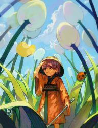 Rule 34 | 1girl, :&lt;, bowl, bowl hat, bug, butterfly, chinese commentary, closed mouth, cloud, commentary, day, dew drop, feet out of frame, flower, grass, hand up, hat, highres, holding, holding needle, insect, japanese clothes, kimono, ladybug, lens flare, long sleeves, looking afar, miko (15476997), mini person, minigirl, needle, outdoors, purple eyes, purple hair, red kimono, short hair, sky, solo, sukuna shinmyoumaru, touhou, water drop, white flower, wide sleeves, yellow butterfly