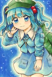 Rule 34 | 1girl, backpack, bag, blue background, blue eyes, blue hair, blue shirt, blue skirt, blunt bangs, boots, cabbie hat, closed mouth, commentary request, frilled shirt collar, frills, green bag, green hat, hair bobbles, hair ornament, hand in own hair, hat, highres, jewelry, kawashiro nitori, key, key necklace, knee boots, leaning forward, long sleeves, maa (forsythia1729), marker (medium), medium hair, necklace, pocket, shirt, short twintails, sidelocks, skirt, skirt set, smile, touhou, traditional media, twintails, two side up