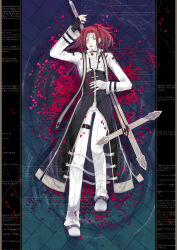 Rule 34 | 1boy, arch bishop (ragnarok online), bandage over one eye, black coat, black gloves, coat, commentary request, cross, cross necklace, fingerless gloves, full body, gloves, half-closed eyes, highres, jewelry, large cross, long bangs, long hair, long sleeves, looking at viewer, male focus, multicolored coat, necklace, open mouth, pants, parted bangs, petals, ragnarok online, red hair, sarashi, shoes, smile, solo, takamura ryou, two-tone coat, white coat, white footwear, white pants, yellow eyes