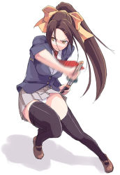 Rule 34 | 1girl, black thighhighs, blazer, blue jacket, bow, breasts, brown hair, closed mouth, copyright request, drawing sword, dress shirt, fighting stance, full body, grey skirt, hair bow, hair ornament, hair ribbon, hairclip, holding, holding sheath, holding sword, holding weapon, iaidou, jacket, katana, kyo (kuroichigo), long hair, long sleeves, looking to the side, mary janes, medium breasts, miniskirt, motion blur, necktie, panties, pantyshot, pleated skirt, ponytail, ready to draw, red necktie, ribbon, scabbard, school uniform, serious, shadow, sheath, shirt, shoes, simple background, skirt, sleeves pushed up, solo, standing, sword, thighhighs, underwear, unsheathing, v-shaped eyebrows, vest, weapon, white background, white panties, yellow bow, yellow eyes, yellow ribbon, zettai ryouiki
