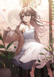 Rule 34 | 2girls, bare shoulders, barefoot, blue eyes, brown cardigan, brown hair, cardigan, chair, collarbone, different reflection, dot nose, dress, falling petals, feet, floating hair, full body, hair between eyes, highres, kaisake (utp), knees together feet apart, long dress, long hair, looking at viewer, looking to the side, mirror, multiple girls, off shoulder, open cardigan, open clothes, open mouth, original, petals, plant, potted plant, red eyes, red ribbon, reflection, ribbon, seiran (sake (utopia modoki)), shuan (sake (utopia modoki)), sidelocks, sideways glance, sitting, sleeveless, sleeveless dress, white dress