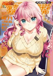 Rule 34 | 1girl, aqua eyes, artist name, blurry, blurry background, blush, breasts, chair, cleavage, collarbone, comic penguin club, commentary request, cover, dress, highres, holding, indoors, large breasts, light smile, long hair, long sleeves, looking at viewer, magazine cover, original, pencil, pink hair, sitting, solo, sweater, sweater dress, table, v-neck, yan-yam