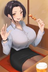 Rule 34 | 1girl, alcohol, beer, black hair, black pantyhose, black skirt, blue shirt, blush, breasts, brown eyes, collared shirt, cup, cushion, dress shirt, drinking glass, earrings, food, hand up, highres, holding, holding skewer, indoors, jewelry, kebab, large breasts, meat, miniskirt, mole, mole under eye, necklace, office lady, open mouth, original, pantyhose, parted bangs, renzu (lens 02), restaurant, shirt, short hair, sidelocks, sitting, skewer, skirt, table, watch, yakitori