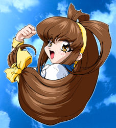 Rule 34 | 1990s (style), 1girl, battle athletes, brown hair, clenched hand, d-ten, gym uniform, kanzaki akari, long hair, low-tied long hair, retro artstyle, sky, solo