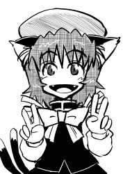 Rule 34 | 1girl, animal ears, bad id, bad pixiv id, bow, cat ears, cat girl, cat tail, chen, female focus, greyscale, hat, highres, long sleeves, monochrome, multiple tails, ogihara mach, open mouth, short hair, solo, tail, touhou, v