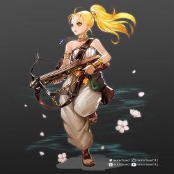 Rule 34 | 1girl, bag, blonde hair, bow (weapon), breasts, chrono trigger, crossbow, falling petals, flower, green eyes, jewelry, long hair, marle (chrono trigger), moreshan, necklace, open mouth, petals, ponytail, shoulder bag, simple background, solo, twitter logo, weapon