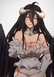 Rule 34 | 1girl, albedo (overlord), bad id, bad pixiv id, bare shoulders, black hair, black wings, breasts, demon girl, demon horns, demon wings, dress, elbow gloves, gloves, highres, horns, large breasts, looking at viewer, open mouth, overlord (maruyama), simple background, solo, sonri, white dress, white gloves, wings, yellow eyes