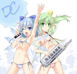 Rule 34 | 2girls, bikini, blue eyes, blue hair, bow, breasts, cameltoe, character name, cirno, covered erect nipples, daiyousei, fairy wings, fang, female focus, flat chest, front-tie top, green eyes, green hair, hair bow, ice, ice wings, instrument, keyboard (instrument), keytar, long hair, micro bikini, microphone, multiple girls, navel, nipples, open mouth, ponytail, ribbon, ribs, shiny skin, short hair, side-tie bikini bottom, side ponytail, skinny, smile, swimsuit, touhou, wings, yoshino (hell-ion)