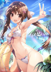 Rule 34 | 1girl, :d, absurdres, aomi kanon, backlighting, bikini, blue sky, blush, breasts, brown eyes, brown hair, cleavage, cloud, cowboy shot, day, floating hair, groin, hair ornament, highres, horizon, innertube, karory, long hair, looking at viewer, medium breasts, ocean, open mouth, original, outdoors, outstretched arm, palm tree, sky, smile, solo, standing, star (symbol), star hair ornament, sunlight, swim ring, swimsuit, tree, twintails, underboob, v, very long hair, water drop, watermark, white bikini