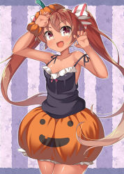 Rule 34 | 10s, 1girl, bad id, bad pixiv id, brown eyes, brown hair, dark-skinned female, dark skin, halloween, halloween costume, kankitsunabe (citrus), kantai collection, libeccio (kancolle), long hair, open mouth, scrunchie, smile, solo, twintails
