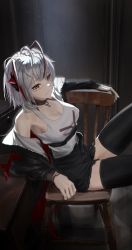 Rule 34 | 1girl, ahoge, antenna hair, antennae, arknights, black jacket, black thighhighs, breasts, cleavage, demon girl, demon horns, demon tail, grey hair, grey shirt, had (had314), highres, horns, jacket, on chair, open clothes, open jacket, red hair, shirt, short hair, sitting, sleeveless, sleeveless shirt, tail, thighhighs, w (arknights)