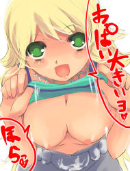 Rule 34 | 00s, 1girl, blonde hair, breasts, cleavage, clothes lift, green eyes, hoshii miki, idolmaster, idolmaster (classic), idolmaster 1, jewelry, large breasts, long hair, looking at viewer, nipples, open mouth, shirt lift, solo, translation request, yuu (kfc)
