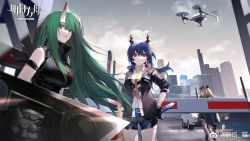 Rule 34 | 3girls, animal ears, arknights, armor, beret, black footwear, black gloves, black headwear, black jacket, black legwear, black shorts, blue hair, building, car, ch&#039;en (arknights), chinese commentary, city, commentary request, copyright name, copyright request, dragon horns, drone, fingerless gloves, gloves, green hair, hair between eyes, hand on own hip, hannya (arknights), hat, highres, holding, holding shield, horns, hoshiguma (arknights), iris yi, jacket, lips, long hair, looking at viewer, motor vehicle, multiple girls, necktie, open clothes, open jacket, orange neckwear, outdoors, profile, red eyes, sheath, sheathed, shield, shirt, shorts, single horn, skin-covered horns, skyscraper, sleeveless, swire (arknights), sword, tail, thighhighs, tiger ears, tiger girl, tiger tail, twintails, walkie-talkie, weapon, weibo watermark, white shirt, yellow eyes