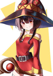 Rule 34 | 1girl, absurdres, arms at sides, bandaged leg, bandages, belt, belt buckle, black belt, black hat, blush, breasts, brown hair, buckle, closed mouth, collarbone, commentary, cowboy shot, dress, hair between eyes, hair strand, hat, highres, holding, holding staff, kitsutsuki tsuki, kono subarashii sekai ni shukufuku wo!, looking at viewer, megumin, off-shoulder dress, off shoulder, red dress, red eyes, short dress, short hair, short hair with long locks, sidelocks, small breasts, smile, solo, staff, standing, thighhighs, triangle, two-tone background, white background, witch hat, yellow background, zettai ryouiki