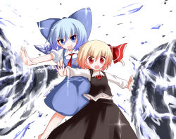 Rule 34 | &gt;:d, 2girls, :d, blonde hair, blue eyes, blue hair, bow, cirno, darkness, dress, hair bow, hair ribbon, highres, ice, kabi killer, multiple girls, open mouth, outstretched arms, red eyes, ribbon, rumia, shirt, short hair, skirt, smile, spread arms, touhou, tsurime, v-shaped eyebrows, vest, wings
