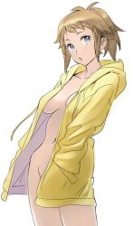 Rule 34 | 10s, 1girl, :o, blue eyes, brown hair, coat, cowboy shot, gundam, gundam build fighters, gundam build fighters try, hands in pockets, hood, hoodie, hoshino fumina, jacket, jpeg artifacts, long sleeves, naked coat, naked hoodie, navel, nishieda, no bra, no panties, open clothes, open jacket, open mouth, ponytail, simple background, solo, white background