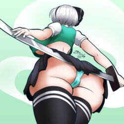 Rule 34 | 1girl, ass, ass focus, breasts, female focus, from behind, from below, huge ass, huge breasts, katana, konpaku youmu, large breasts, panties, pussy juice, pussy juice stain, short hair, skirt, solo, stained panties, standing, sword, thick thighs, thighhighs, thighs, touhou, underboob, underwear, weapon, white hair, zedrin