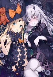 Rule 34 | 2girls, abigail williams (fate), black bow, black dress, blonde hair, blue eyes, blush, bow, breasts, colored skin, dress, fate/grand order, fate (series), grey hair, grey skin, hat, highres, holding hands, horns, lavinia whateley (fate), long hair, looking at viewer, multiple girls, orange bow, parted bangs, polka dot, polka dot bow, red eyes, single horn, stuffed animal, stuffed toy, teddy bear, tentacles, topless, witch hat